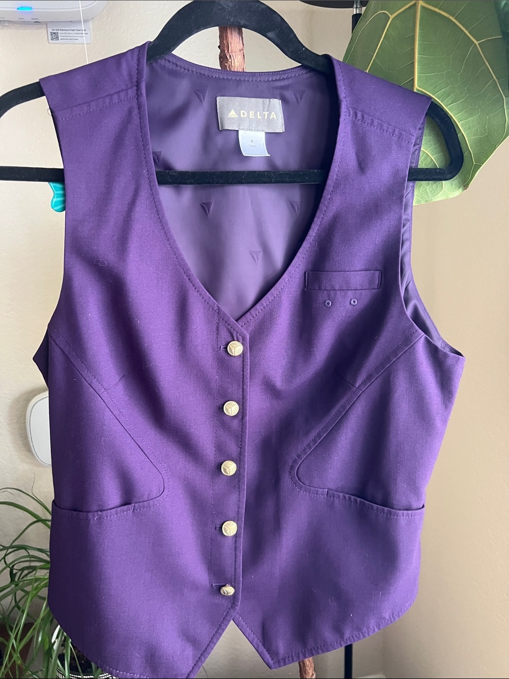 Delta Passport Plum Purple Button-Front Vest with Gold Buttons